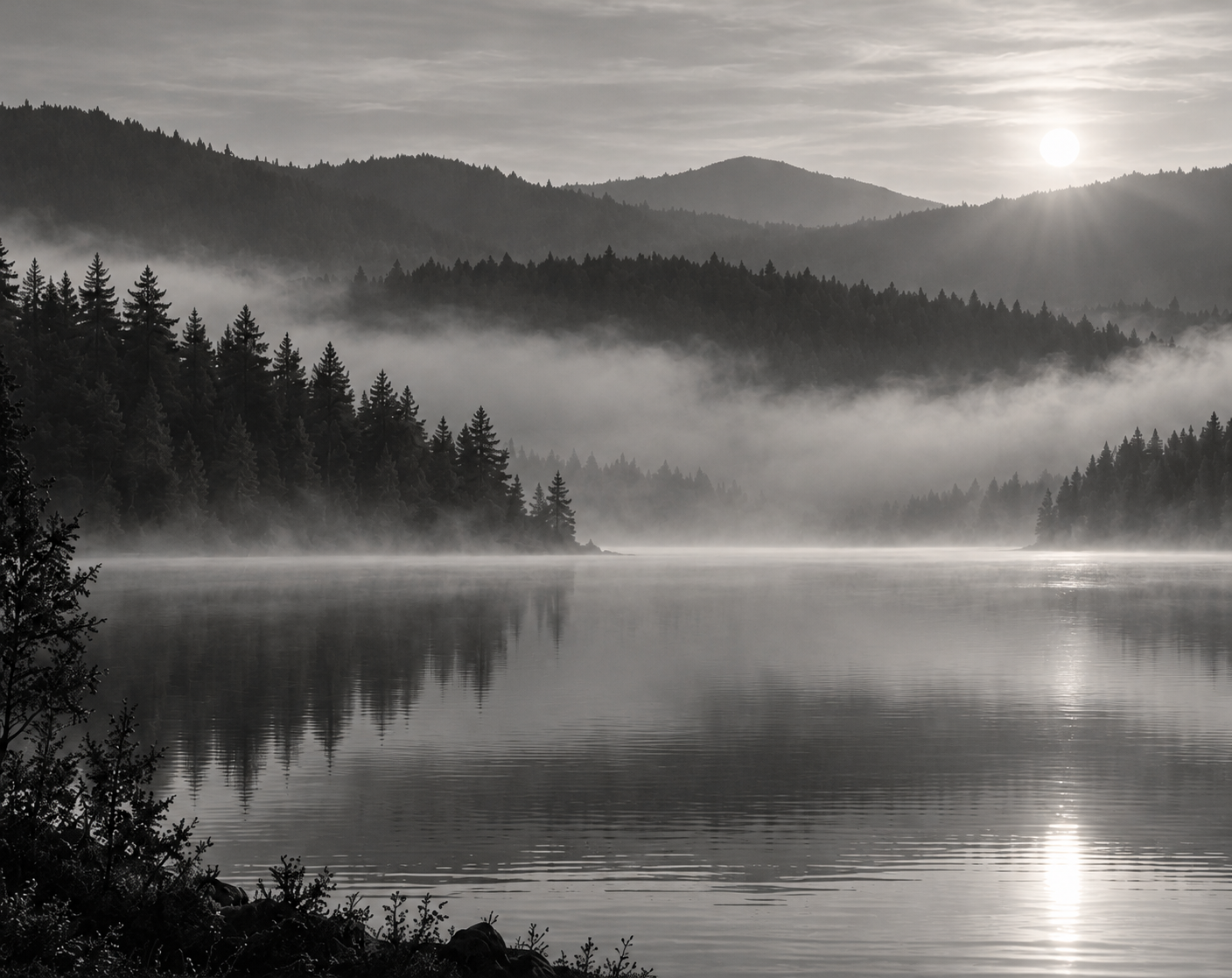 Morning mist over a still lake and wooded hills, photographed in black and white.